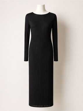 A New Day Black Ribbed Maxi Dress XS NWT Long Sleeve Scoop Neck Lined Stretch
